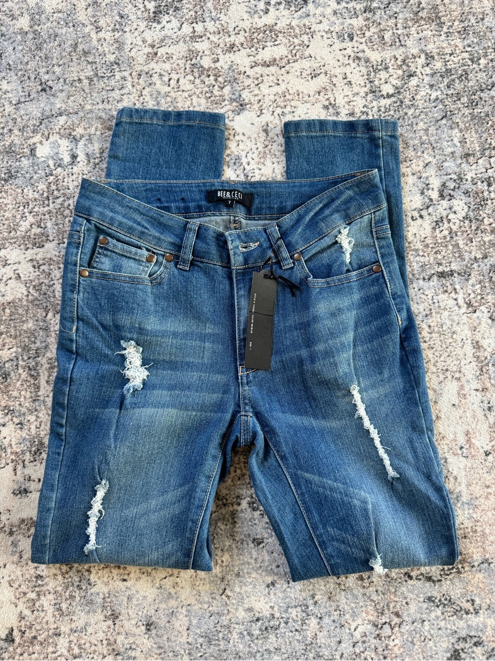 Bee & Ceci Women's Blue Straight Leg Distressed Jeans